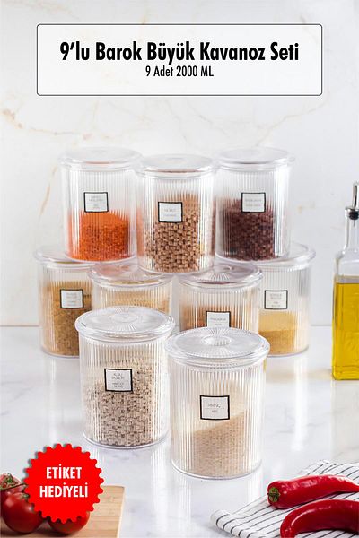 EWs 9-Piece Baroque Round Large Jar Set - Storage and Food Container (9*2000 ML)