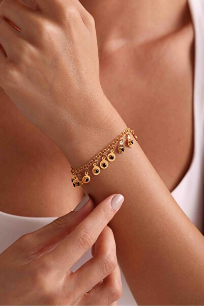 Bayar Gold 14 Ayar Altın Siyah Boncuklu Pullu Bileklik