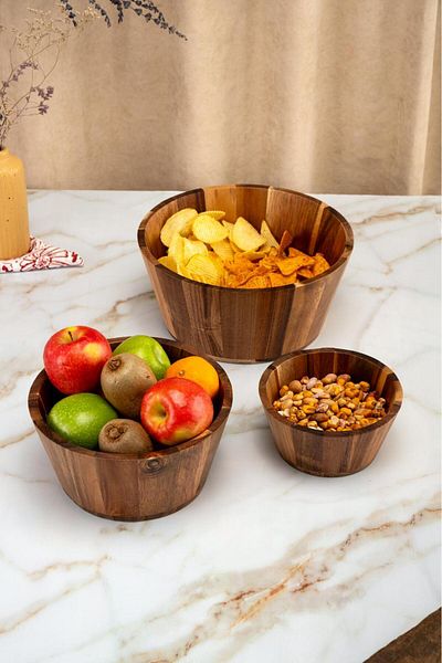 emir home shop 3-Piece Acacia Bowl Salad Cookie Fruit Presentation Catering Serving Set