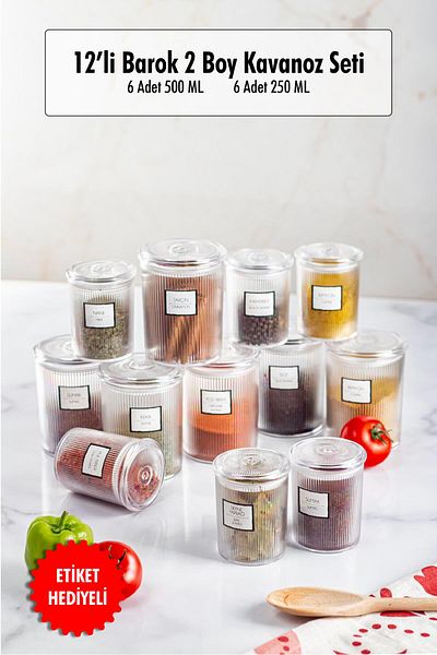 EWs Set of 12 Baroque Round Jars - 2 Sizes 6*500 ML and 6*250 ML Storage and Food Container