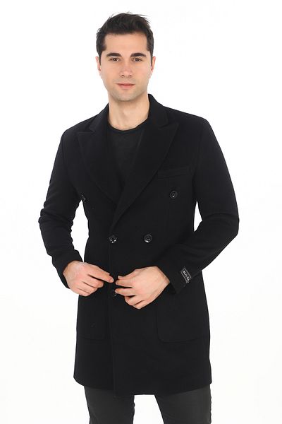 ŞAN GİYİM 2834 Men's Black Pointed Collar Double Breasted Short Coat