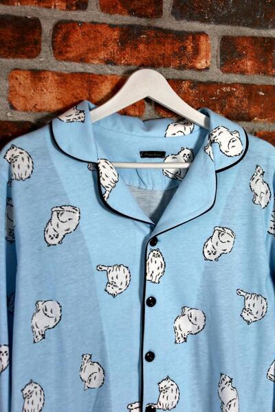 ADEREN KİDS MAVİ BEYAZ KEDİLİ BİYELİ PİJAMA TAKIMI