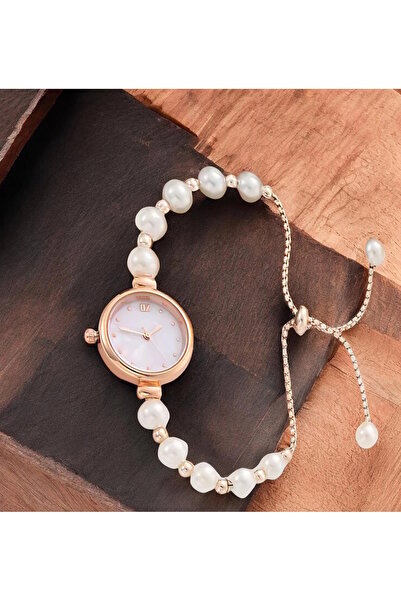 Bozhi İnci Boncuklu Zarif Kadın Kol Saati - Ayarlanabilir Bileklik ve Işıltılı Taşlı Kadran Hediye Fikri