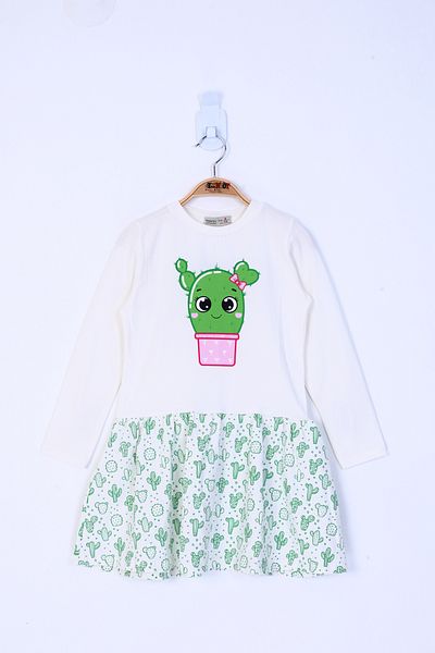 Toontoy Girl's Crew Neck Skirt Flounce Cactus Printed Dress