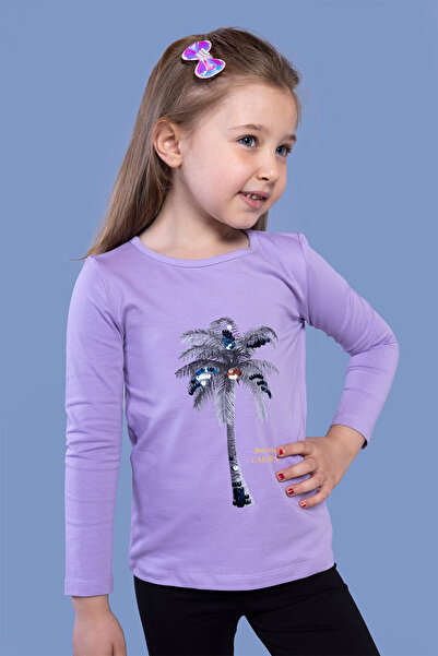 Toontoy Tricou brodat cu paiete Palmiye cu imprimeu pentru fete