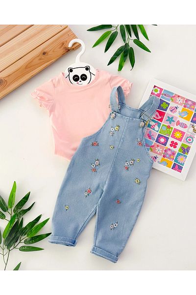 hümabebe Colorful Floral Embroidery Knitted Denim Cloth Salopet Tshirt Summer Set of 2