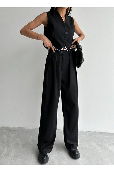owwon Women's Black Double Vest Pants Bottom Top Set