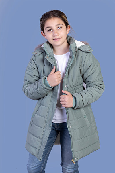 Toontoy Μακρύ παλτό για κορίτσια με ελαστική μέση με φερμουάρ K με κουκούλα και τσέπες που κλείνουν με κουμπωτά - Εσωτερικά νερού