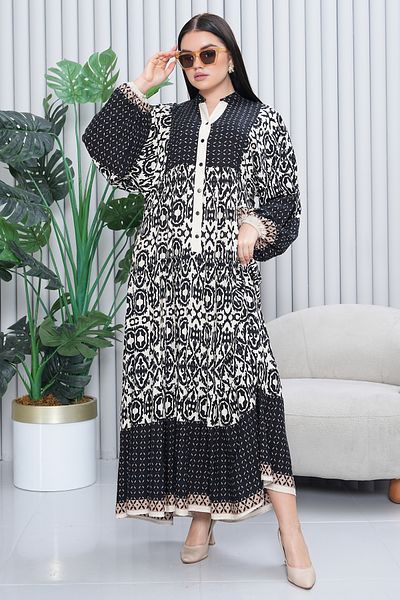 AYASOFYA OTANTIK Women's Black Button Detailed Placket Collar Ethnic Print Loose Balloon Sleeve Long Dress