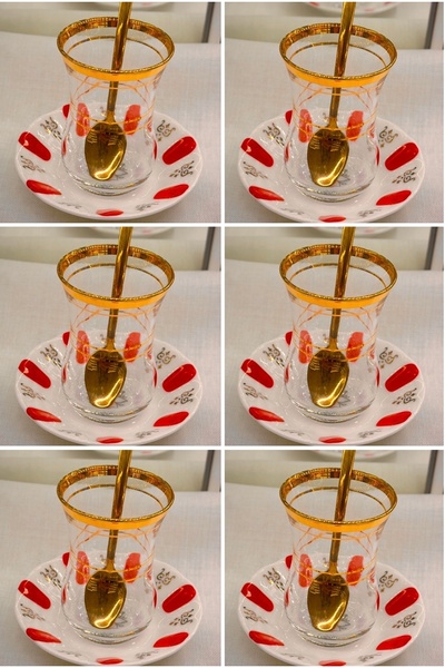 DUKKANI ISTANBUL Paşabahce Red Tea Cup Set for 6 People - Gold Gilded and Spoon
