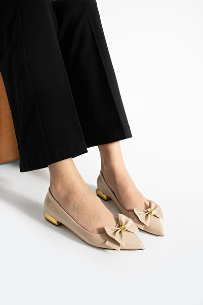 Güllü Shoes Μπεζ λουστρίνι Vegan δερμάτινες μπαλαρίνες - Χρυσή λεπτομέρεια, διακοσμημένο φιόγκο, ορθοπεδική σόλα Casual & Office Chic