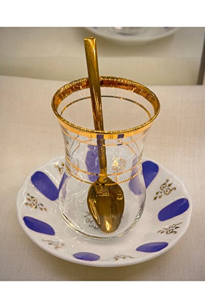 DUKKANI ISTANBUL Novice Blue Tea Cup Set - 6 People, 18 Pieces, with Spoon and Gold Gilded