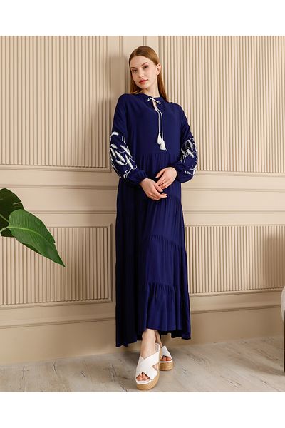 AYASOFYA OTANTIK Women's Navy Blue Long Sleeve Long Dress with Placket Neckline Sleeves Embroidery Detail