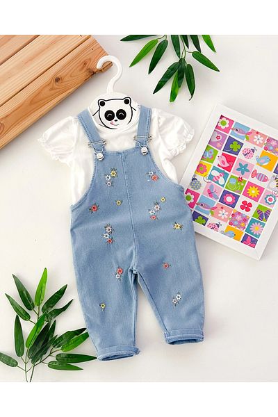 hümabebe Colorful Floral Embroidery Knitted Denim Cloth Salopet Tshirt Summer Set of 2