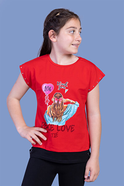 Toontoy Tricou Garni pentru fetiță, cu detaliu brodat cu piatră B cu imprimeu