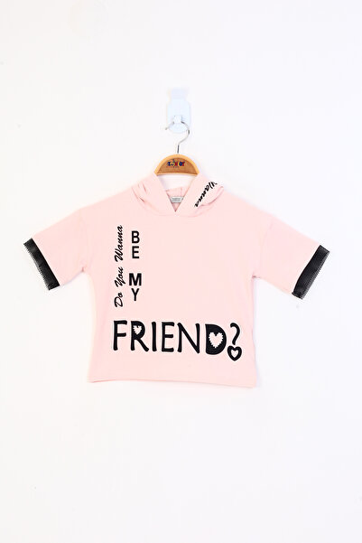 Toontoy Girl's - Hooded Mesh Detailed Printed T-Shirt