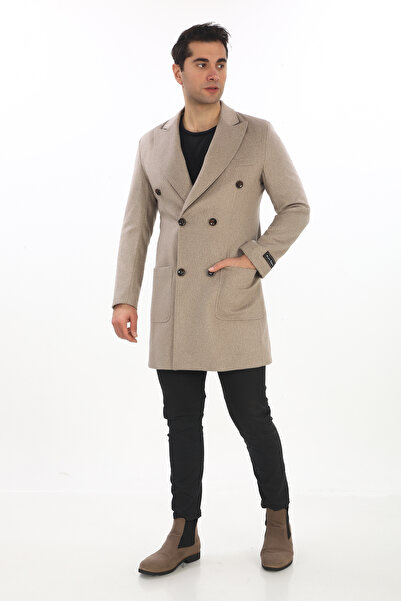 ŞAN GİYİM 2834 Erkek Bej Sivri Yaka Kruvaze Kısa Palto