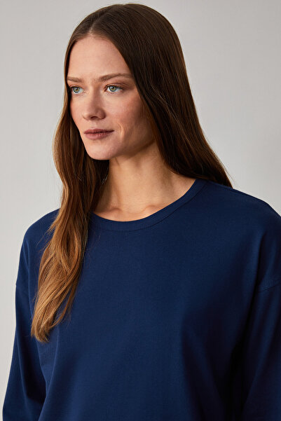 GRIMELANGE Basil Women's Oversize 100% Organic Cotton Knitted Long Sleeve Navy T-Shirt