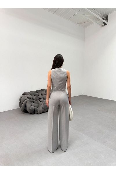 OUZ Fashion Women's Striped Double Breasted Lapel Single Button Vest Pants Suit
