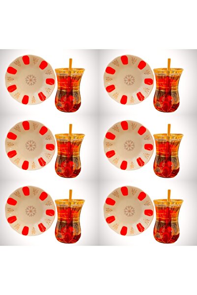 DUKKANI ISTANBUL Paşabahce Red Tea Cup Set for 6 People - Gold Gilded and Spoon