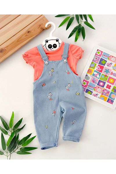 hümabebe Colorful Floral Embroidery Knitted Denim Cloth Salopet Tshirt Summer Set of 2