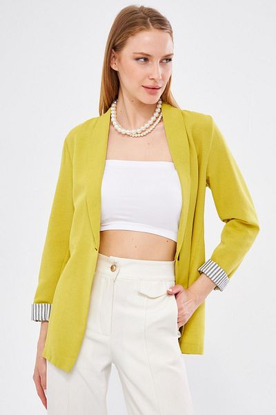 armonika Dámská olejově zelená proužkovaná bunda s jedním knoflíkem ARM-22K001122