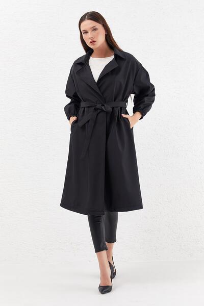 MODAJİN Dadali Balon Kol Cepli Trençkot Siyah