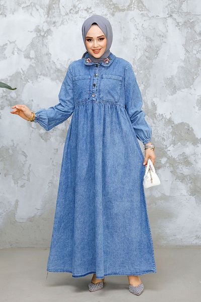 Neva Style Blugi cu nasturi Rochie Hijab Albastru Inchis 19138KM
