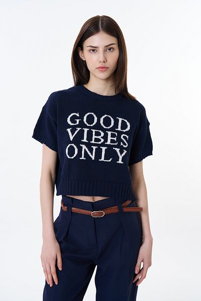 Quzu Text Printed Short Sleeve Knitwear Navy Blue