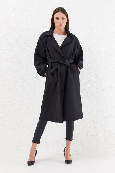 MODAJİN Dadali Balon Kol Cepli Trençkot Siyah