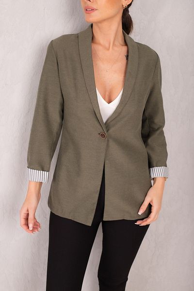 armonika Women's Khaki Sleeve Striped Single Button Jacket ARM-22K001122