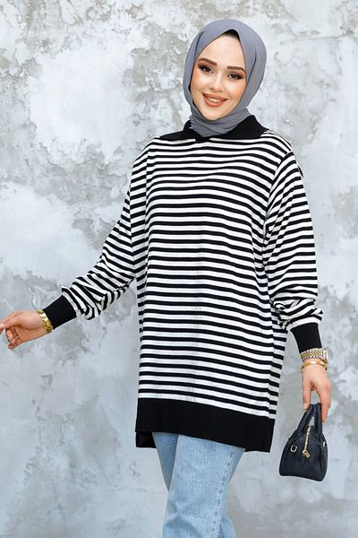 Neva Style Striped Ecru Hijab Knitwear Tunic 65904E