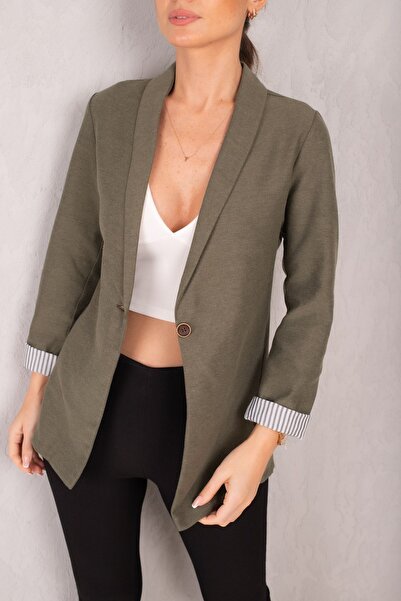 armonika Damska kurtka w paski z rękawami khaki i zapinanym na jeden guzik ARM-22K001122