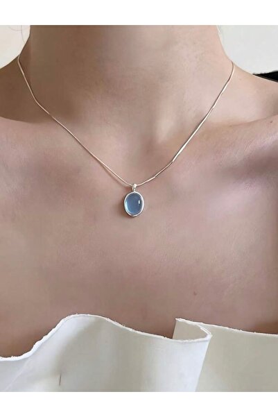 Renkada Mavi Su Damlası Kolye Sedefli Oval