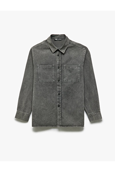 Koton Geknöpftes, gewaschenes Langarmhemd aus Baumwolle mit klassischem Kragen und Taschendetail in regulärer Passform