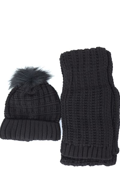 Oppland Set de beretă și eșarfă cu pompon gros de iarnă pentru femei, din bumbac, pliat, elastic, rezistent la vânt