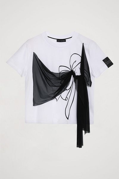Quzu Tricou cu cravată din tul cu imprimeu alb
