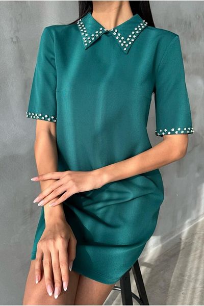 Know Nefti Green Shirt Collar Stone Embroidered Dress