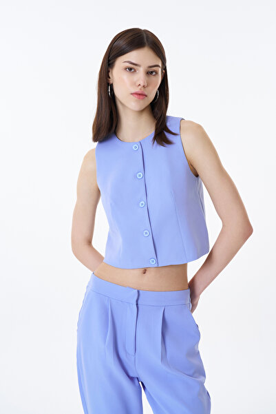 Quzu Düğme Detaylı Yelek Ceket Mavi