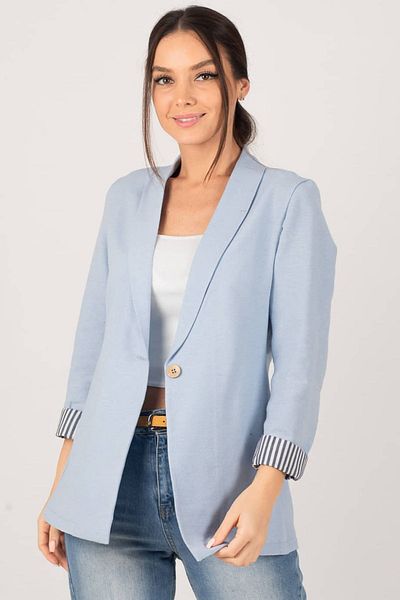 armonika Jachetă de damă Baby Blue cu dungi cu un singur nasture ARM-22K001122