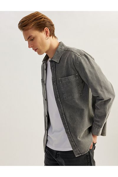 Koton Cotton Buttoned Regular Fit Washed Classic Collar Pocket Detailed Long Sleeve Shirt