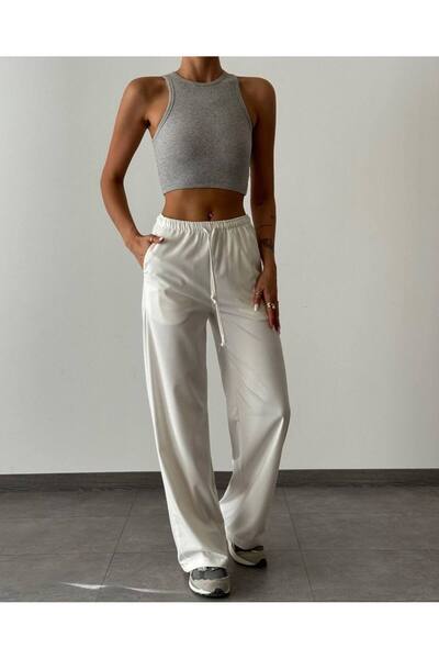 owwon Women's White Elastic Waist Palazzo Trousers