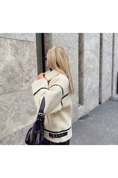 GM Butikk Beigefarbener Premium-Design-Plüschmantel für Damen mit Reißverschluss