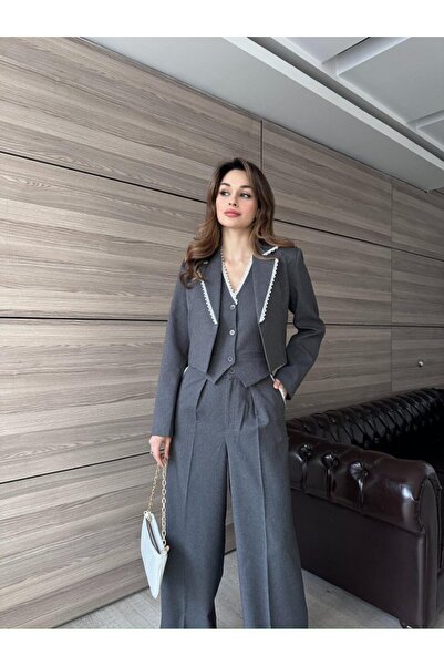 Rabia Çelik Kadın Füme Dantel Detaylı Yüksek Bel Pantolon Yelek Blazer Ceket 3Lü Takım Elbise