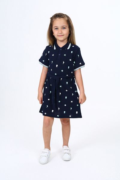 Toontoy Girl's Polo Neck Snap Printed Dress