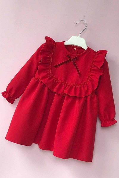 Bertuğ Bebek Ruffled Red Crepe Girl Child Baby Birthday Special Occasion Dress