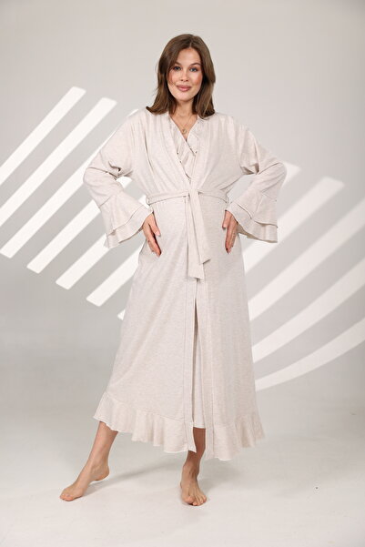 Lohussa Kadın Melanj Volanlı Özel Tasarım Kısa Kol Tam Boy %100 Pamuk Hamile Sabahlık Gecelik Set