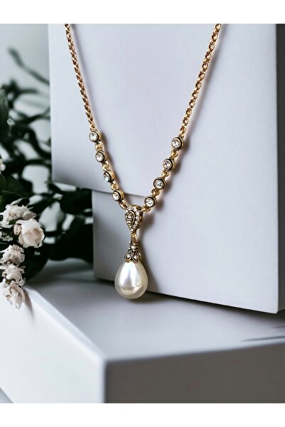 FAYRA ACCESSORIES Zirkon Taşlı Su Yolu Zincirli Mayorka İnci Kolye