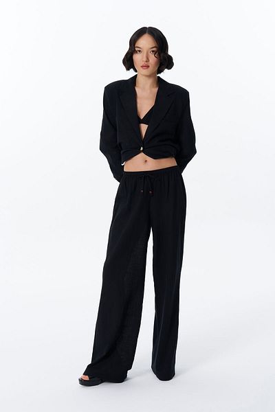 Quzu Lace Detailed Elastic Waist Loose Trousers Black