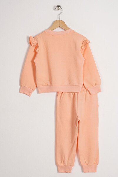 zepkids Crew Neck Long Sleeve Cat Printed Salmon Color Girl's Tracksuit Set